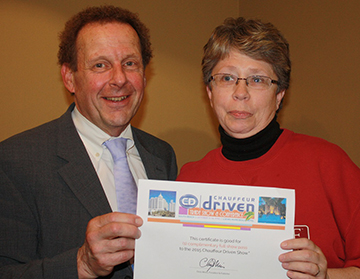 Philip Jagiela (left) and Dianne Cavender of DDG Classic Limousines, who won a pass to Chauffeur Driven’s Miami show